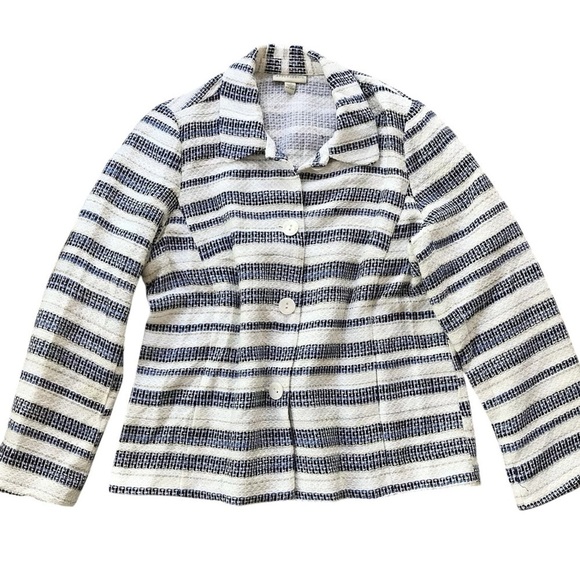 Appleseeds Tweed Knit Striped Buttoned Jacket Ivory White Navy Blue Size 14 - Picture 1 of 6